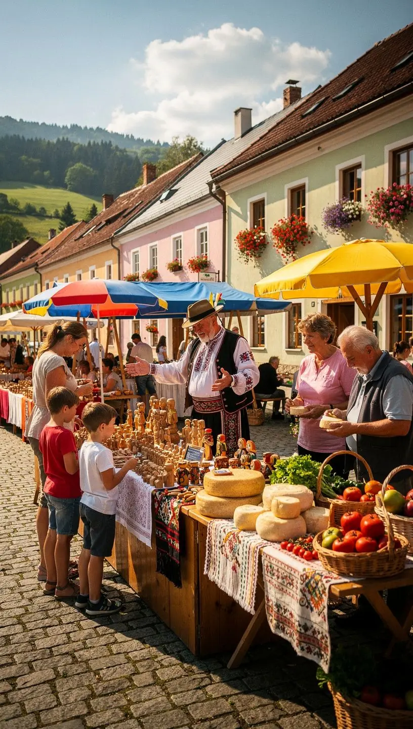 A charming village square featuring traditional architecture and local artisans, showcasing the culture of rural Slovakia.
